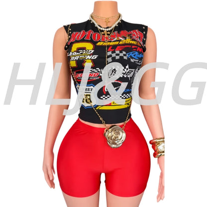 HLJ&GG Trend Fashion Letter Print Rivet Tshirts Two Piece Sets Women O Neck Sleeveless Top And Shorts Outfit Y2K 2pcs Streetwear