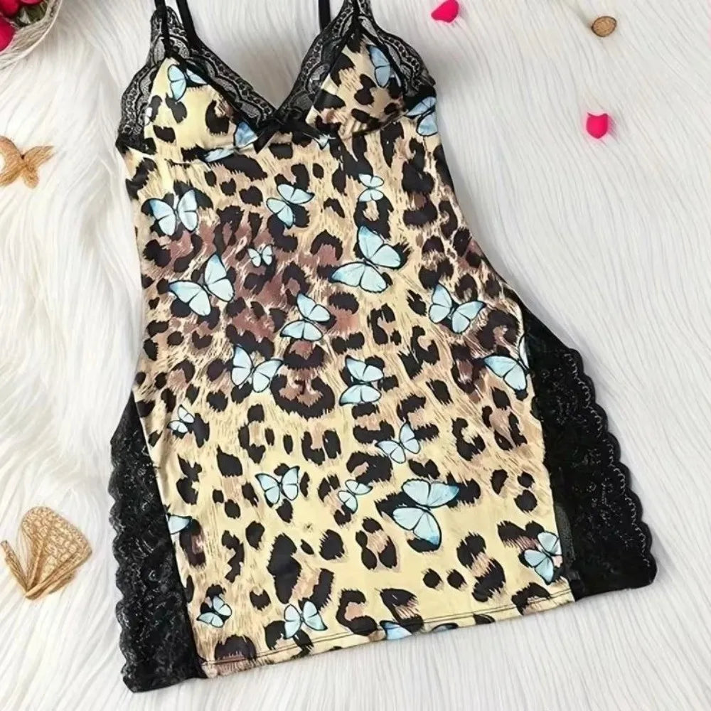 New Lace Patchwork Women's Pajama Side Slit Breathable Underwear Dress Polyester Butterfly Decoration Night Dress for Honeymoon