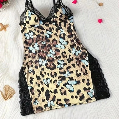 New Lace Patchwork Women's Pajama Side Slit Breathable Underwear Dress Polyester Butterfly Decoration Night Dress for Honeymoon