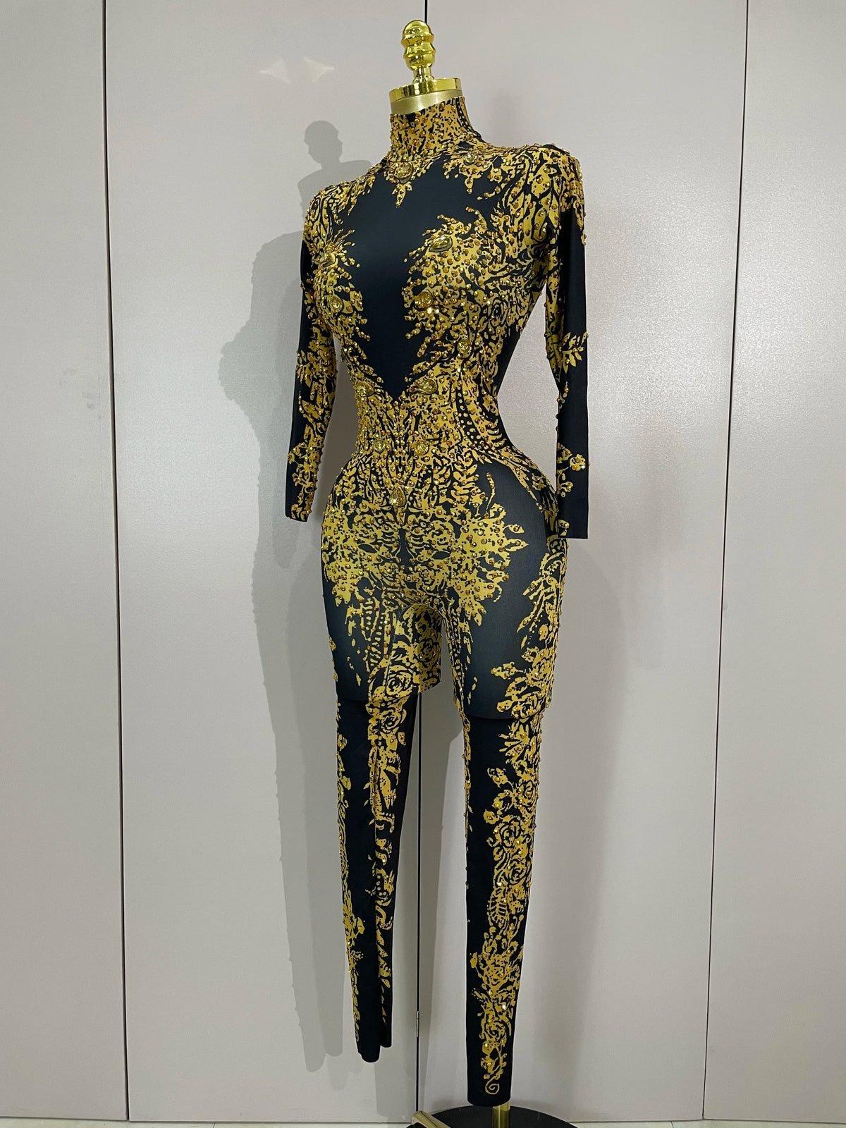 Luxury Sparkly Diamonds Print Long Sleeves Stretch Jumpsuit Evning Party Dancer Nightclub Bar DJ Sexy Stage Performance Costumes