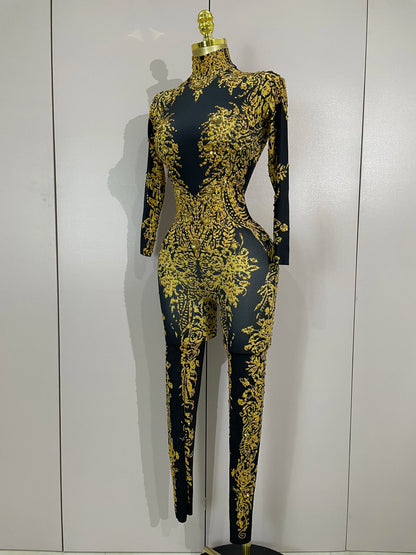 Luxury Sparkly Diamonds Print Long Sleeves Stretch Jumpsuit Evning Party Dancer Nightclub Bar DJ Sexy Stage Performance Costumes