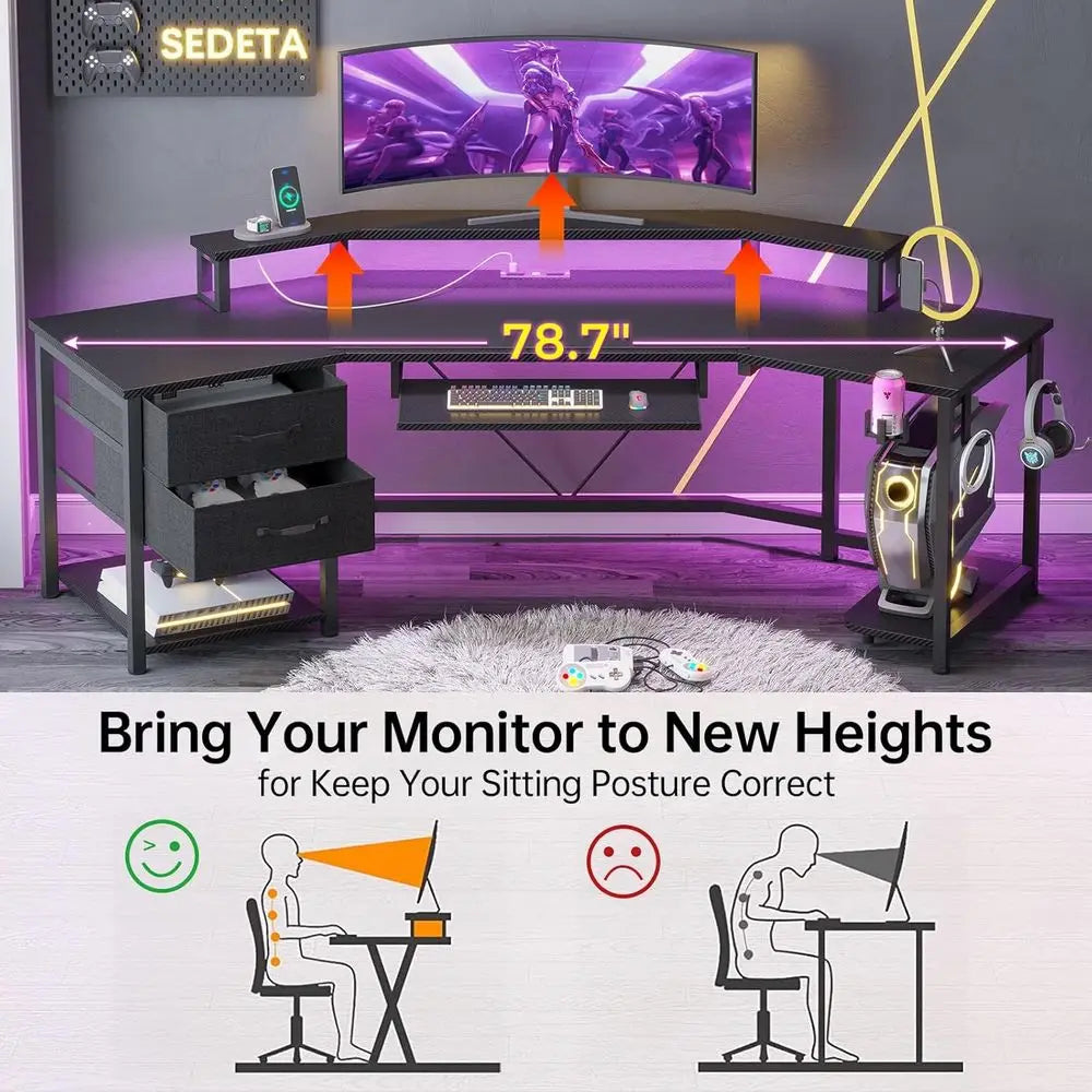 79" Gaming Desk, Computer Desk with 2 abric Ders & LED Light, L Shaped Gaming Desk with Storage Shel or Home Oice, Carbon iber B