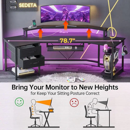 79" Gaming Desk, Computer Desk with 2 abric Ders & LED Light, L Shaped Gaming Desk with Storage Shel or Home Oice, Carbon iber B