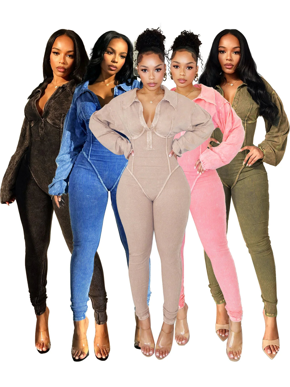 CM.YAYA Fashion Women Knit Ribbed Long Sleeve Moto Biker Jumpsuits 2024 Autumn Washed Street Playsuit One Piece Suit Romper
