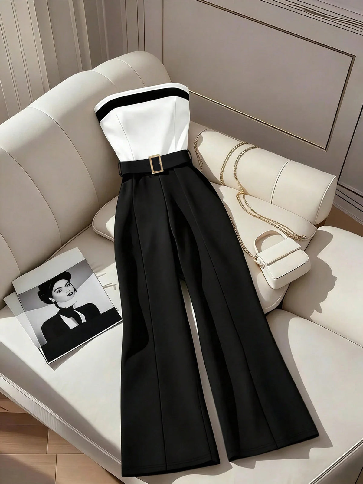 Women's Black White Jumpsuit Square Neck Contrast Trim Ideal for Evening Events Parties Elegant Styles