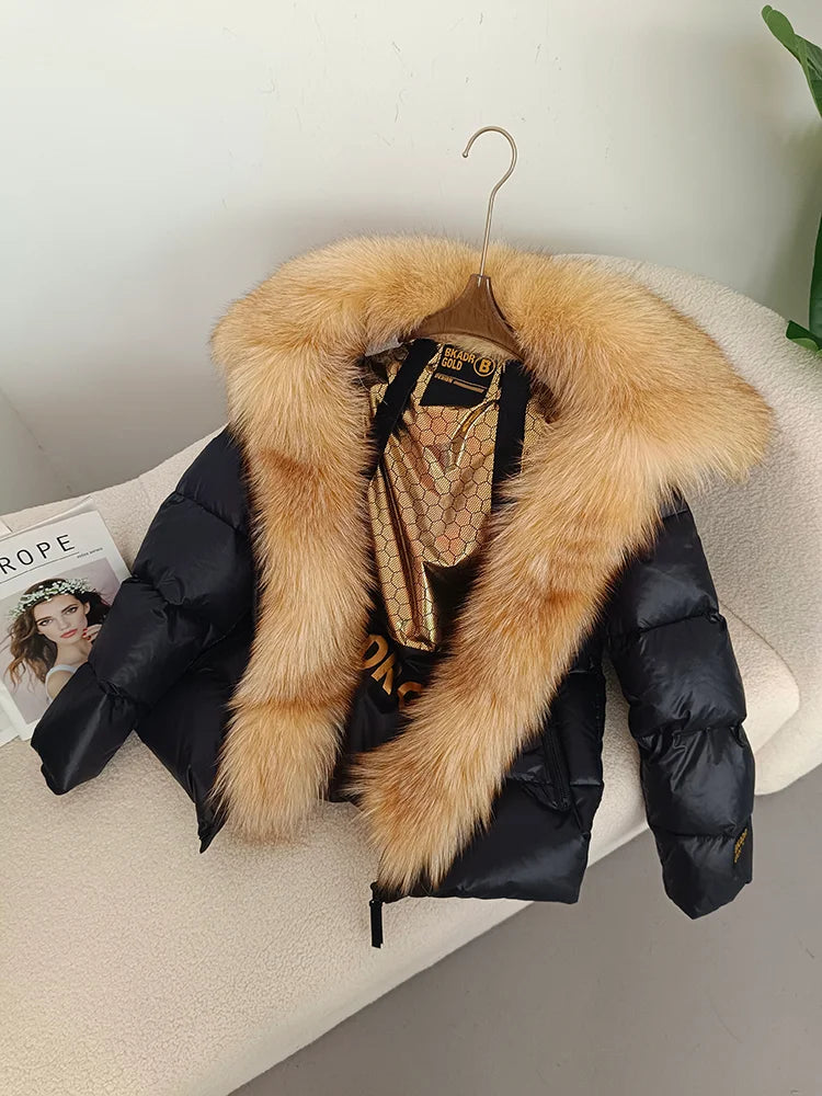 OFTBUY Real Fox Fur Collar Hooded Winter Women White Duck Down Short Jacket Black Gold Female Thick Warm Coat Luxury Outerwear