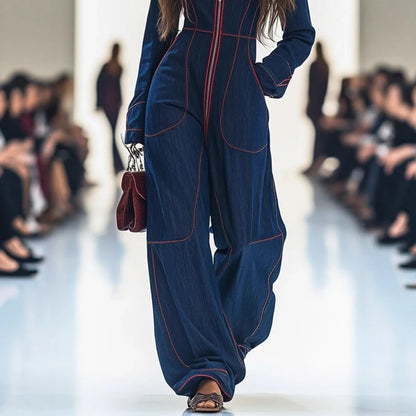Women Retro Patchwork Elegant Playsuits Autumn Simple Chic Wide Leg Pants Jumpsuits 2025 Holiday Long Sleeve Ladies Bodysuits