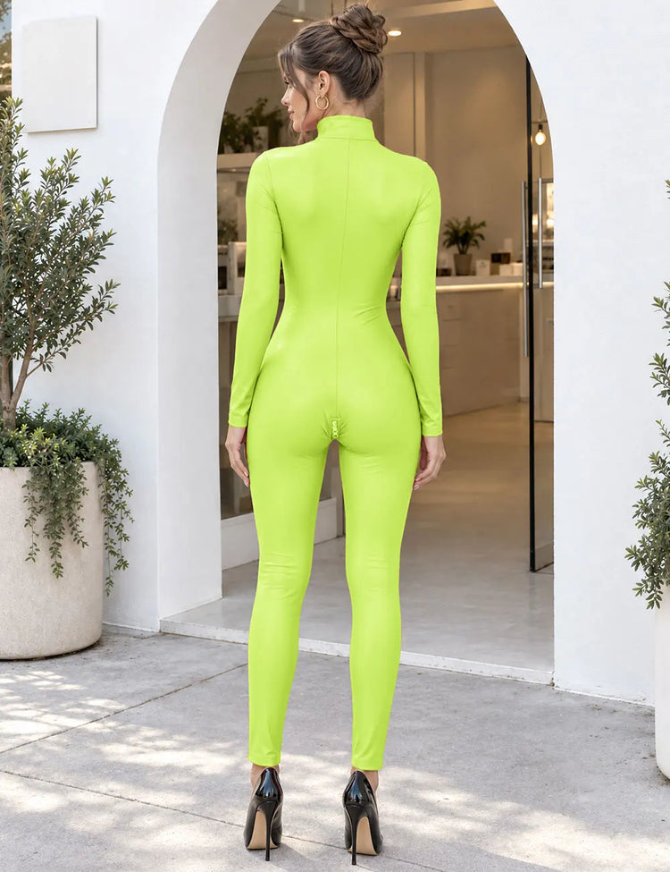Sexy Neon Green Jumpsuit Long Sleeve High Neck Zip Front Bodycon Romper Rave Outfit Music Festival Clubwear Playsuit Women Trend