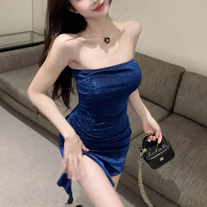 Summer new blue design sense one-piece skirt wrap hip slip dress holiday style Spice sexy slit slim dress woman