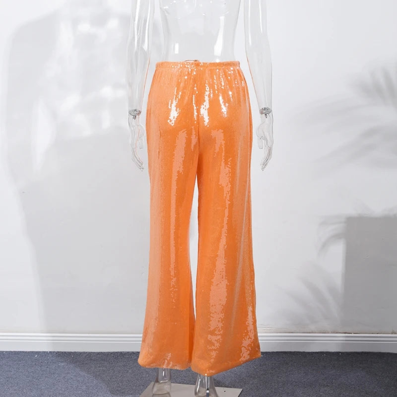 Elegant Sequined Women's Trouser Mid-Waist Lace Up Straight Mop Pants 2026 Summer Autumn Fashion Female All-Match Bottom