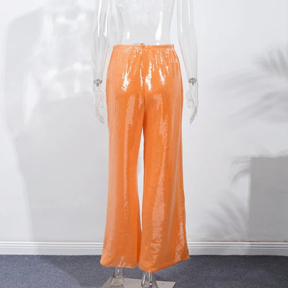 Elegant Sequined Women's Trouser Mid-Waist Lace Up Straight Mop Pants 2026 Summer Autumn Fashion Female All-Match Bottom