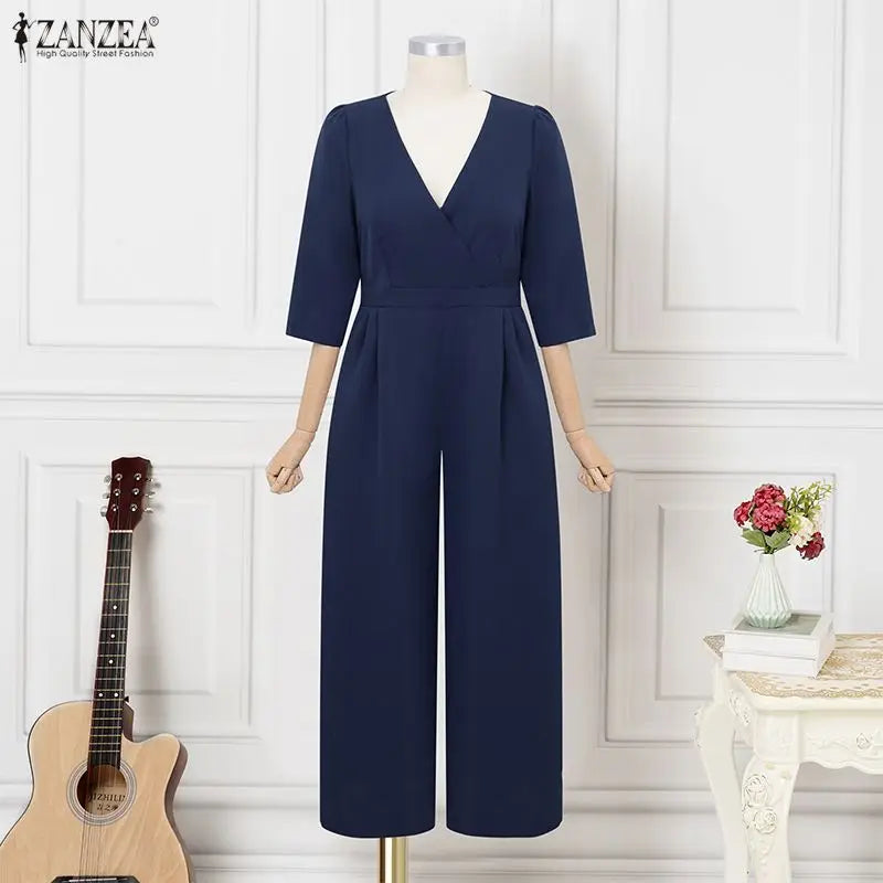 ZANZEA OL Work Party Women Jumpsuits Solid Color Summer 3/4 Sleeve Sevy V Neck Rompers Solid Playsuits Wide Leg Pants Streetwear