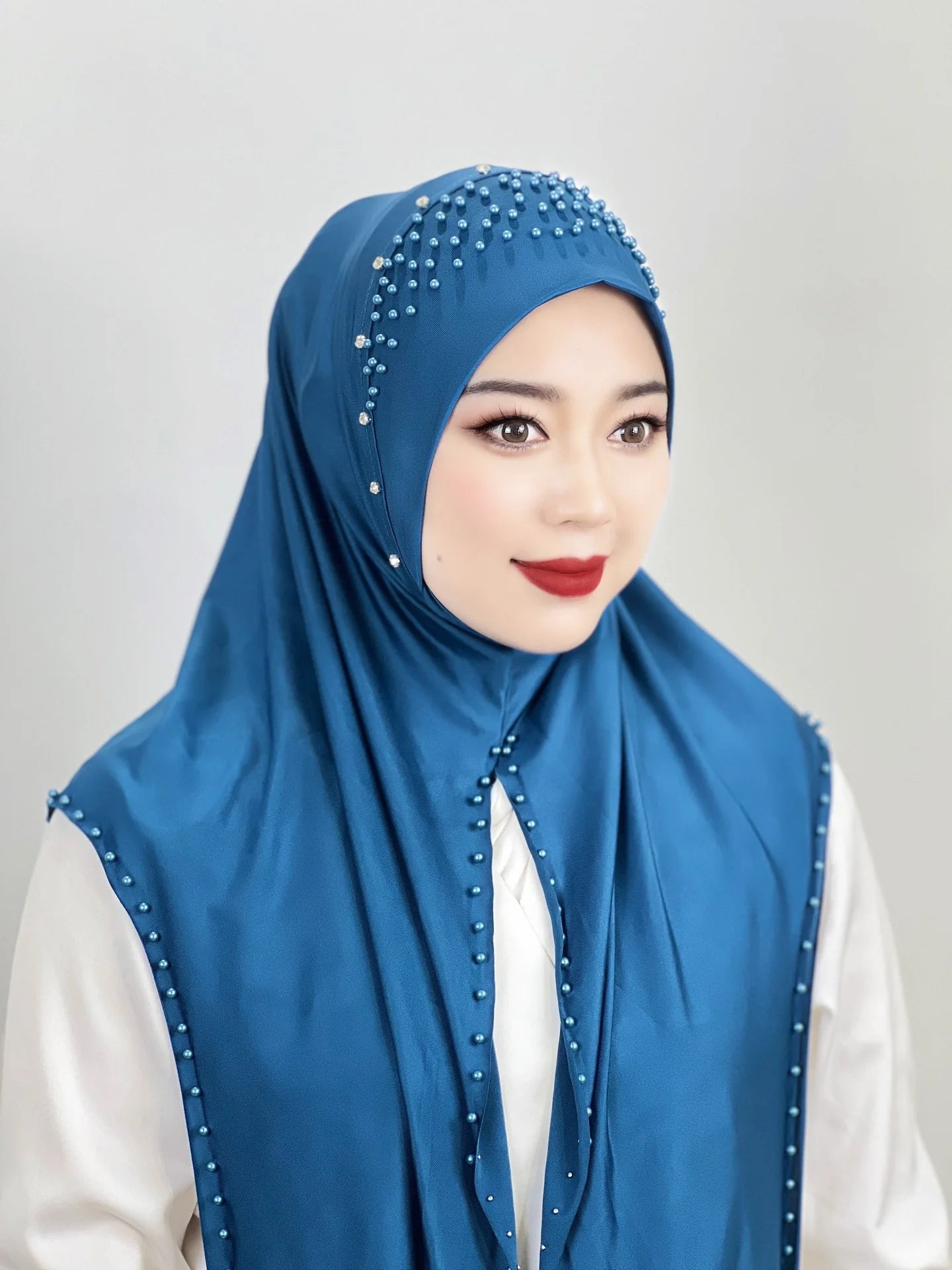 2026 Fashion Versatile Beaded Hijab for Women,Mid-Length Convenient Pull-over Hat Scarf,Malay Shawl Pure Color Women's Headscarf