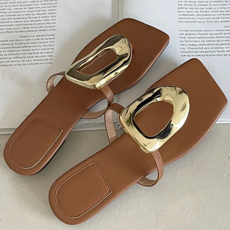 New In 2025 Luxury Women Slippers Summer Beach Fashion Metal Flip Flops Female Slides Slippers Ladies Flats Sandals Shoes