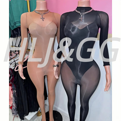 HLJ&GG Sexy Mesh See Through Bodycon Jumpsuits And Bodysuits Suits Women Long Sleeve Stretchy Playsuits Party Night Club Overall