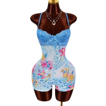 HLJ&GG Sexy Polka Dot Print Lace Splicing Bodycon One Piece Rompers Women Spaghetti Strap Sleeveless Backless Jumpsuits Street