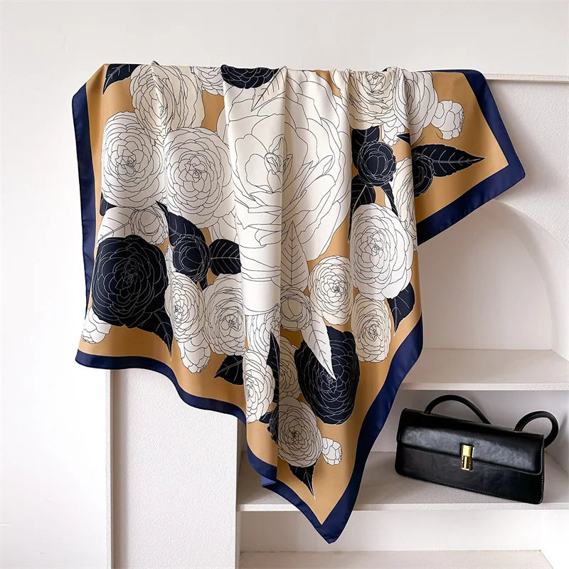 90cm Floral Print Silk Square Scarf Women Luxury Brand Satin Shawls Neckerchief Wrap Scarves Bandana Hair Hjiab Bohemian Style