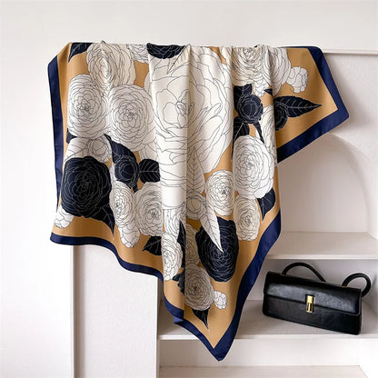 90cm Floral Print Silk Square Scarf Women Luxury Brand Satin Shawls Neckerchief Wrap Scarves Bandana Hair Hjiab Bohemian Style
