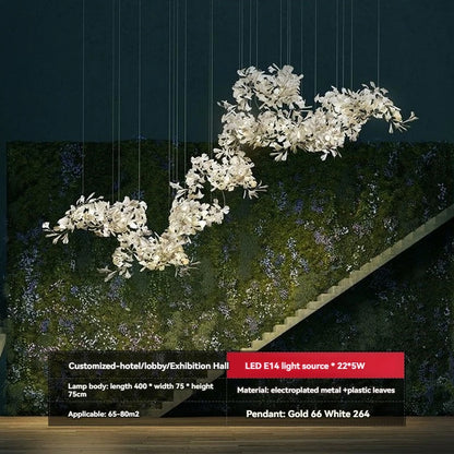 Ginkgo Leaves Loft Hanging Chandelier Light For High Ceiling Staircase Living Dining Room Modern White Porcelain Leaf Chandelier