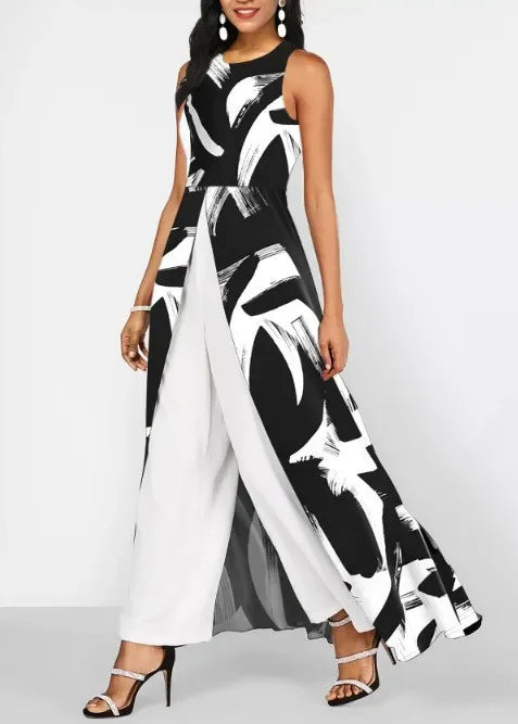 Jumpsuits Women Contrast Color High Waist Black Round Neck Sleeveless Jumpsuit O-neck Summer Wide Leg Pants Jumpsuits