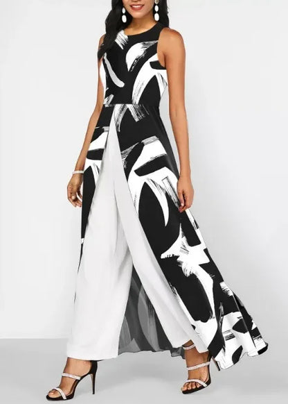 Jumpsuits Women Contrast Color High Waist Black Round Neck Sleeveless Jumpsuit O-neck Summer Wide Leg Pants Jumpsuits