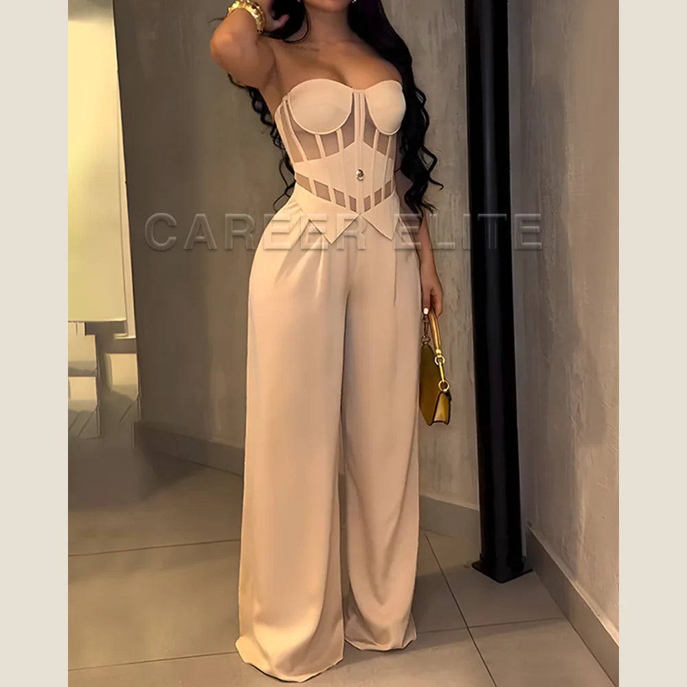 Women's Strapless Corset Top and Wide-Leg Pants Two-Piece Set Elegant Satin Jumpsuit for Evening Party Wedding Occasion Wear