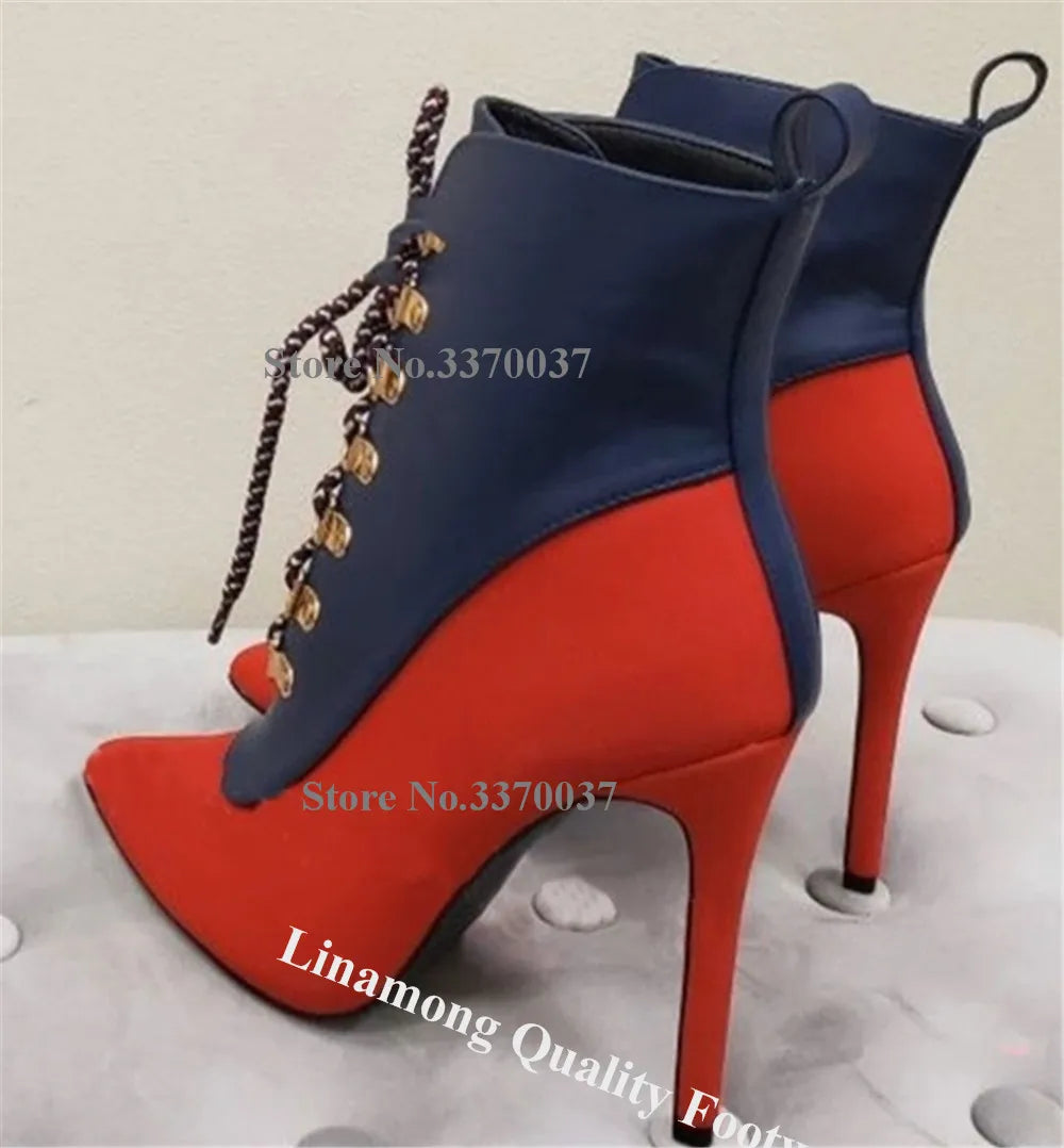Linamong Red-blue Patchwork Metal Buckles Stiletto Heel Short Boots Sexy Pointed Toe Lace-up Thin Heel Ankle Booties