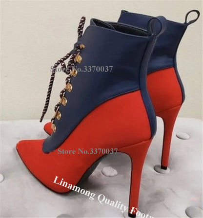 Linamong Red-blue Patchwork Metal Buckles Stiletto Heel Short Boots Sexy Pointed Toe Lace-up Thin Heel Ankle Booties
