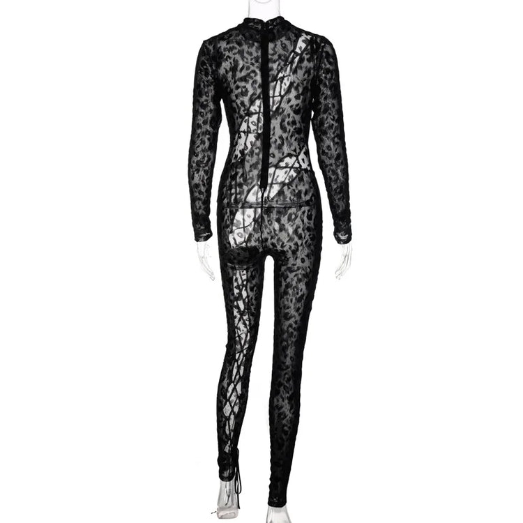 Skinny Hollow Out Cross Bandage Patchwork Jumpsuits Women Leopard Print Retro Fashion Sexy Cleavage Bodycon Party Clubwear Hot