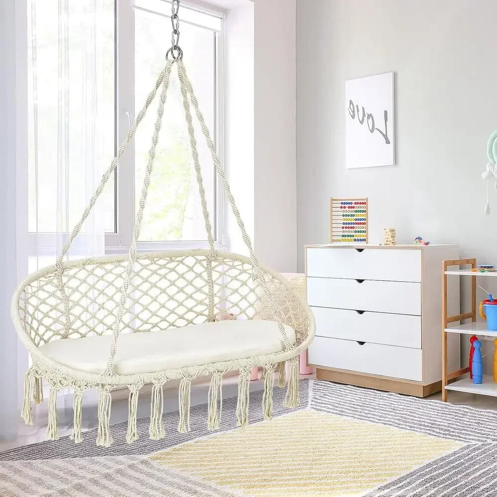 2-Seat Hammock Chair with Cushion, Cotton Ropes, and Metal Stand,440 lbs, Ideal for Indoor or Outdoor Swinging