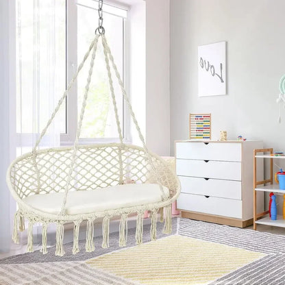 2-Seat Hammock Chair with Cushion, Cotton Ropes, and Metal Stand,440 lbs, Ideal for Indoor or Outdoor Swinging