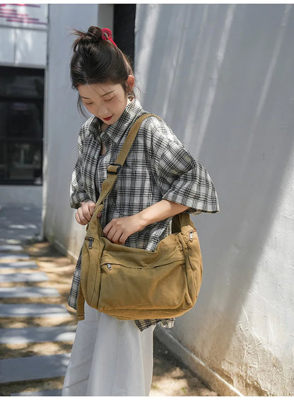 100% Cotton Shoulder Bags Women Large Capacity Canvas Tooling Packages Korea Style Cloth Crossbody Bags Solid Messenger Bags