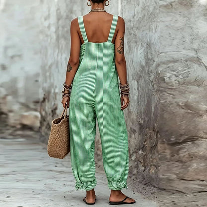 Summer Sleeveless Long Pants Jumpsuit Women Casual Striped Printed Pocket Playsuits For Women Fashion Loose Rompers Blue