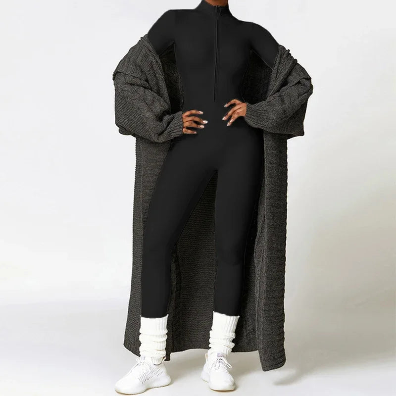Warm Thin Fleece Jumpsuits Women's Tracksuit Winter One-Piece Sports Suit Black Fitness Jumpsuit Long Sleeves Workout Bodysuit