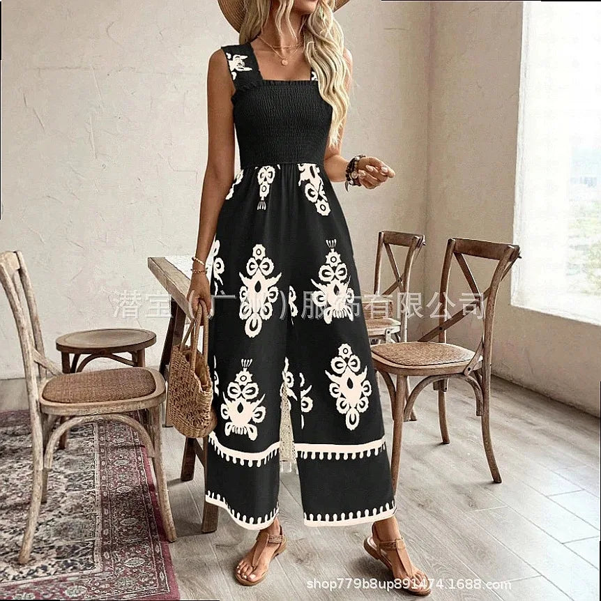 Jumpsuit Jumpsuits Print Smocked Waist Wide Strap Spring Summer Playsuit Overall