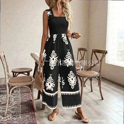 Jumpsuit Jumpsuits Print Smocked Waist Wide Strap Spring Summer Playsuit Overall