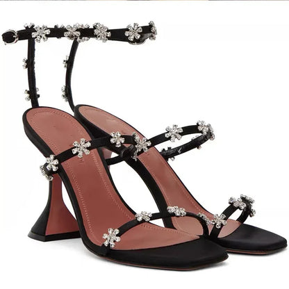 Luxury Crystal Flowers Women Sandals Fashion Ankle Strap Buckle High Heels Gladiator Sandals Elegant Summer Wedding Prom Shoes