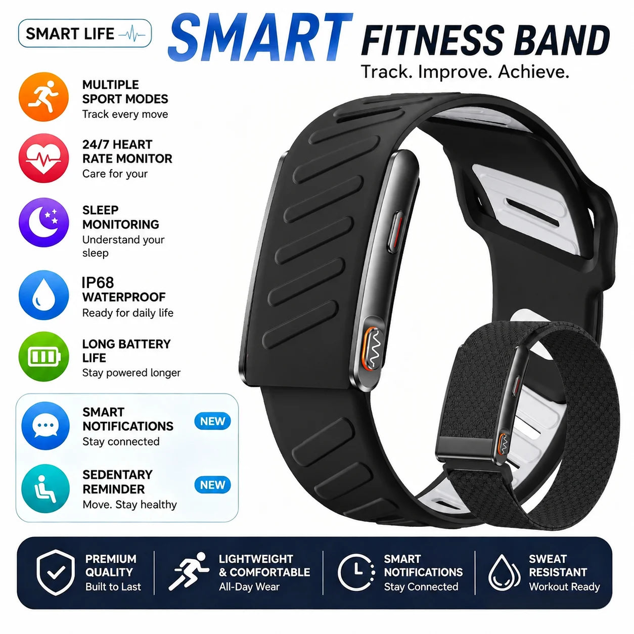 Screenless Smart Bracelet IP68 Waterproof Fitness Tracker Call Reminder 120+ Sport Modes Heart rate Wristband For Men Women
