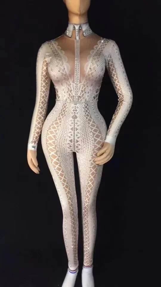 custom white black Spandex Print Stretch Jumpsuit Stage Singer Dancer Performance Rompers birthday pole dance outfits for women