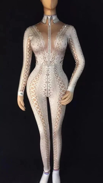 custom white black Spandex Print Stretch Jumpsuit Stage Singer Dancer Performance Rompers birthday pole dance outfits for women