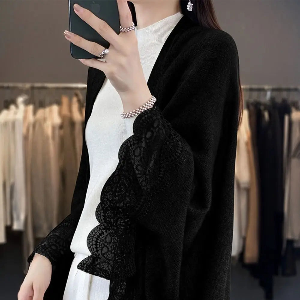Fashion Women Wool Knitted Shawl Skin Friendly Breathable Lace Edge Scarf Spring Autumn Luxury Brand Design Cloak Shawl