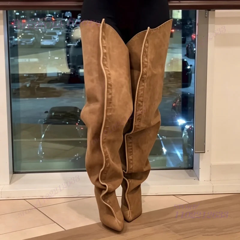 Wide Leg Loose Fitting Brown Suede Boots Women Long Pleated  Stiletto Heels Pointed Toe Summer Denim Khaki Party Cool Girl Shoes