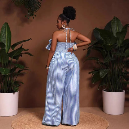 New African Fashion Women Summer Jumpsuits Striped Printed Halter Hollow Out Back Ruffles Patchwork Wide Leg Pants Jumpsuit