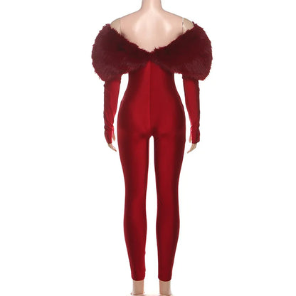 Luxury Faux Fur Patchwork Shiny Jumpsuits Women Fashion Sexy Hollow Out Furry Off Shoulder Long Sleeve Backless Party Overalls