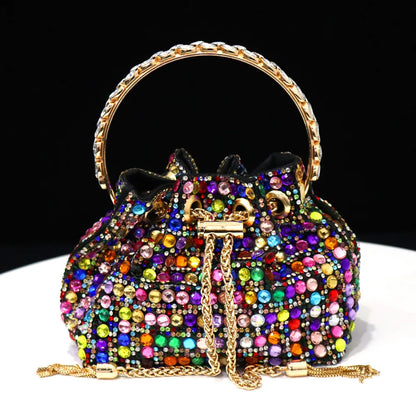 Elegant Multicolor Rhinestone Slingback Heels & Bucket Bag Set Luxury Crystal Matching Kit for Wedding Party Evening Bridal Form