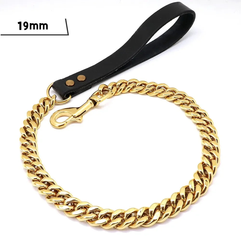Traction Solid Super Strong Gold Collar Stainles Steel Dog Leash Pet Lead Chain 32mm 19mm Bulldog Pitbull Large Dog Collar Leash