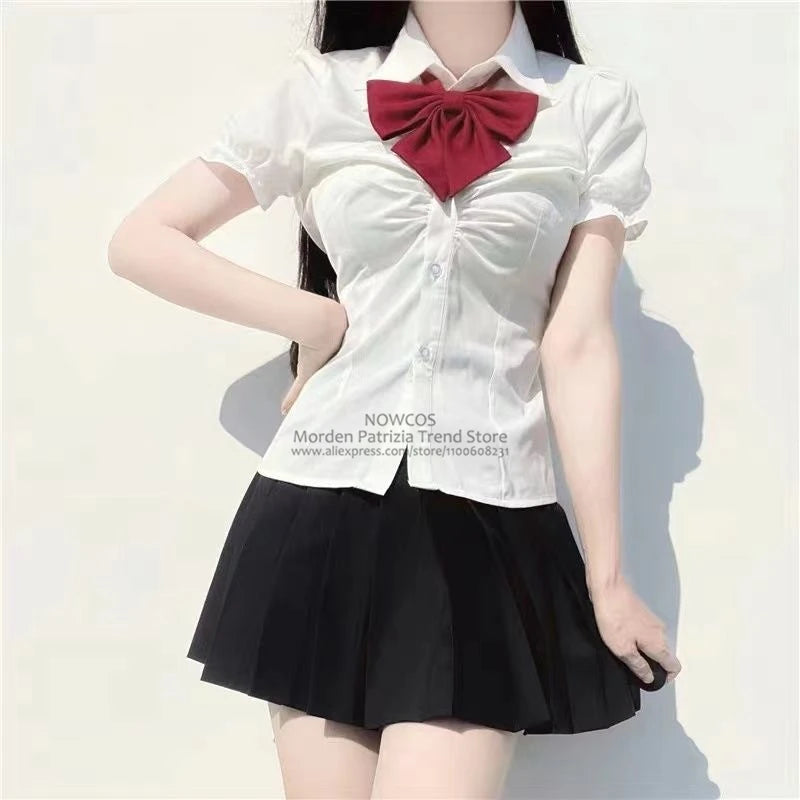 Summer Girls College Style Uniform Suit White Puff-Sleeve Shirt with Bow Slim Waist Skirt Set Women's Short-Sleeve Top And Skirt