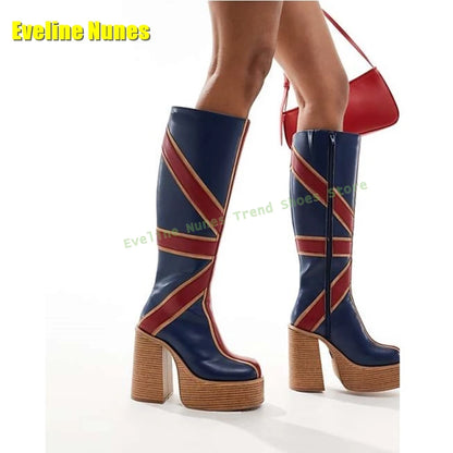Blue Buffalo Platform Fashion Boots Round Toe Chunky Heels Zipper Closure National Flag Pattern Street Style Lady Knee High Boot