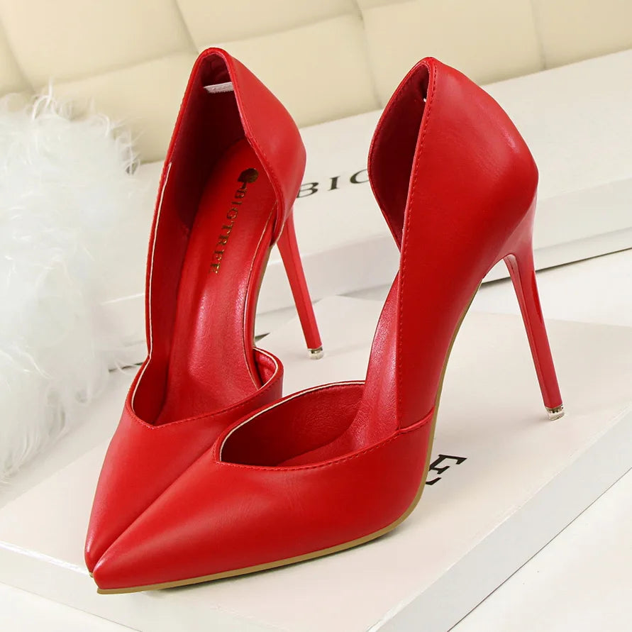 Summer Women 10.5cm High Heels Leather Pumps Female Escarpins Elegant Sweet Yellow Pink Stiletto Lady Wedding Heels Hollow Shoes