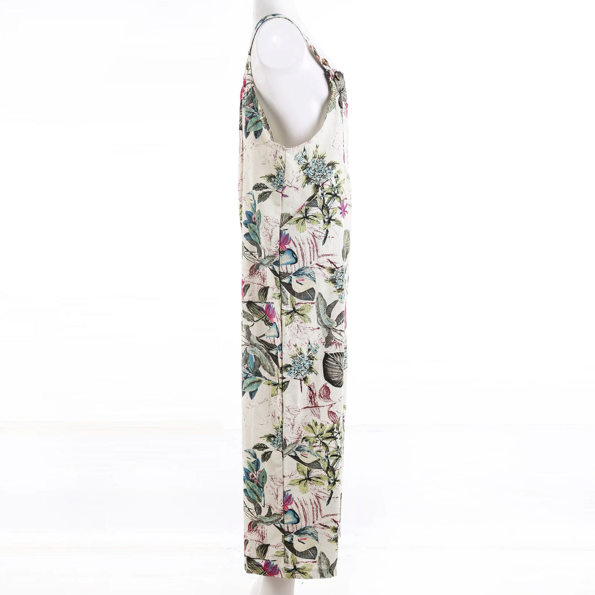 Combhasaki Women's S-3XL Cotton and Linen Jumpsuit Leaf Floral Print Square Neck Sleeveless Casual Loose Overalls with Pockets